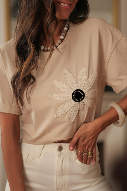 Oatmeal Contrast Crochet Floral Graphic Drop Shoulder Loose Tee