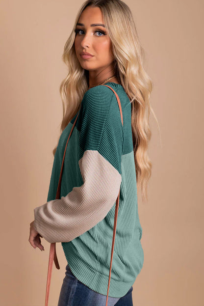 Multicolor Color Block Long Sleeve Ribbed Loose Top