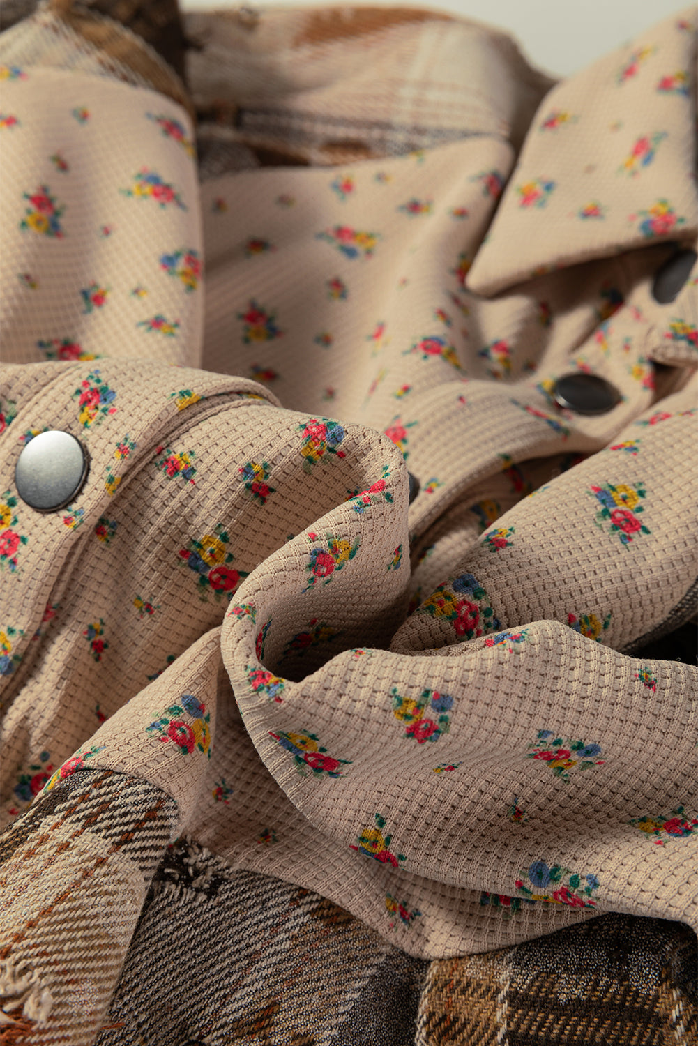 Oatmeal Boho Floral Plaid Patchwork Distressed Detail Ruffled Sleeve Waffle Knit Shacket