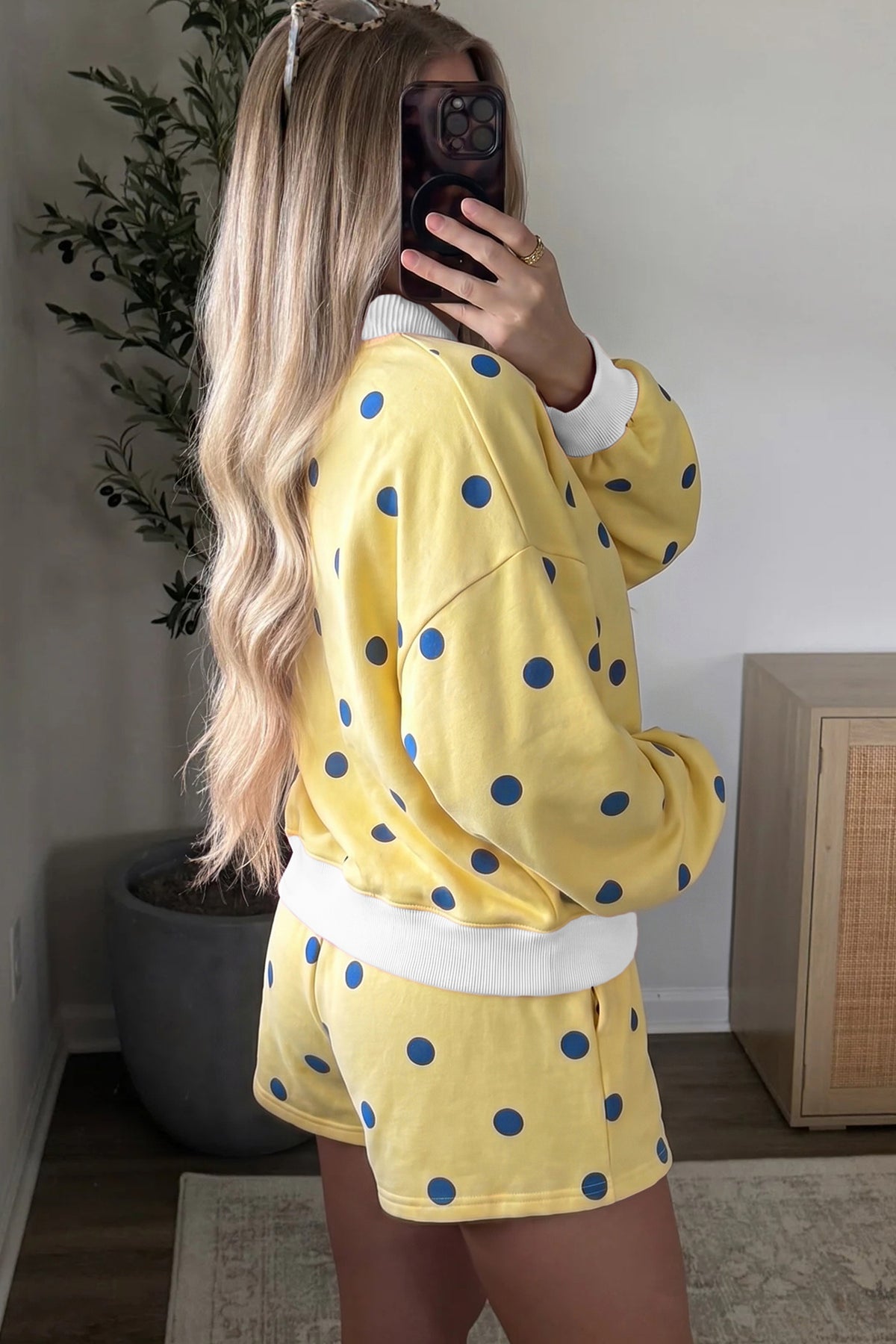 Brown Polka Dot Ribbed Trim Long Sleeve Top Casual Short Set