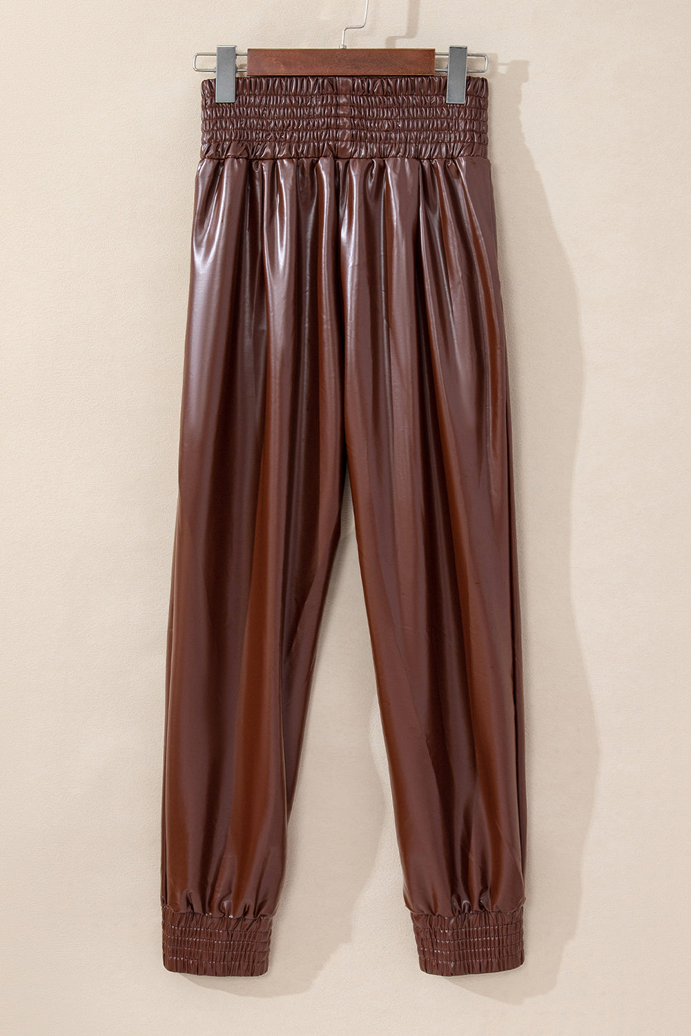 Brown Smocked High-Waist Leather Skinny Pants