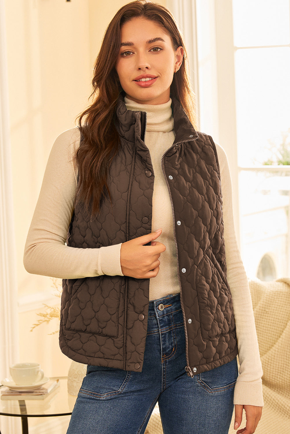 Black Flower Shape Quilted Snap Button Zip Up Winter Vest