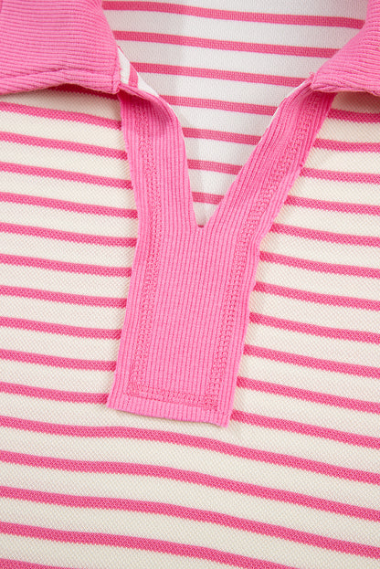 Green Stripe Collared V Neck Drop Shoulder Pullover and Skort 2pcs Outfit