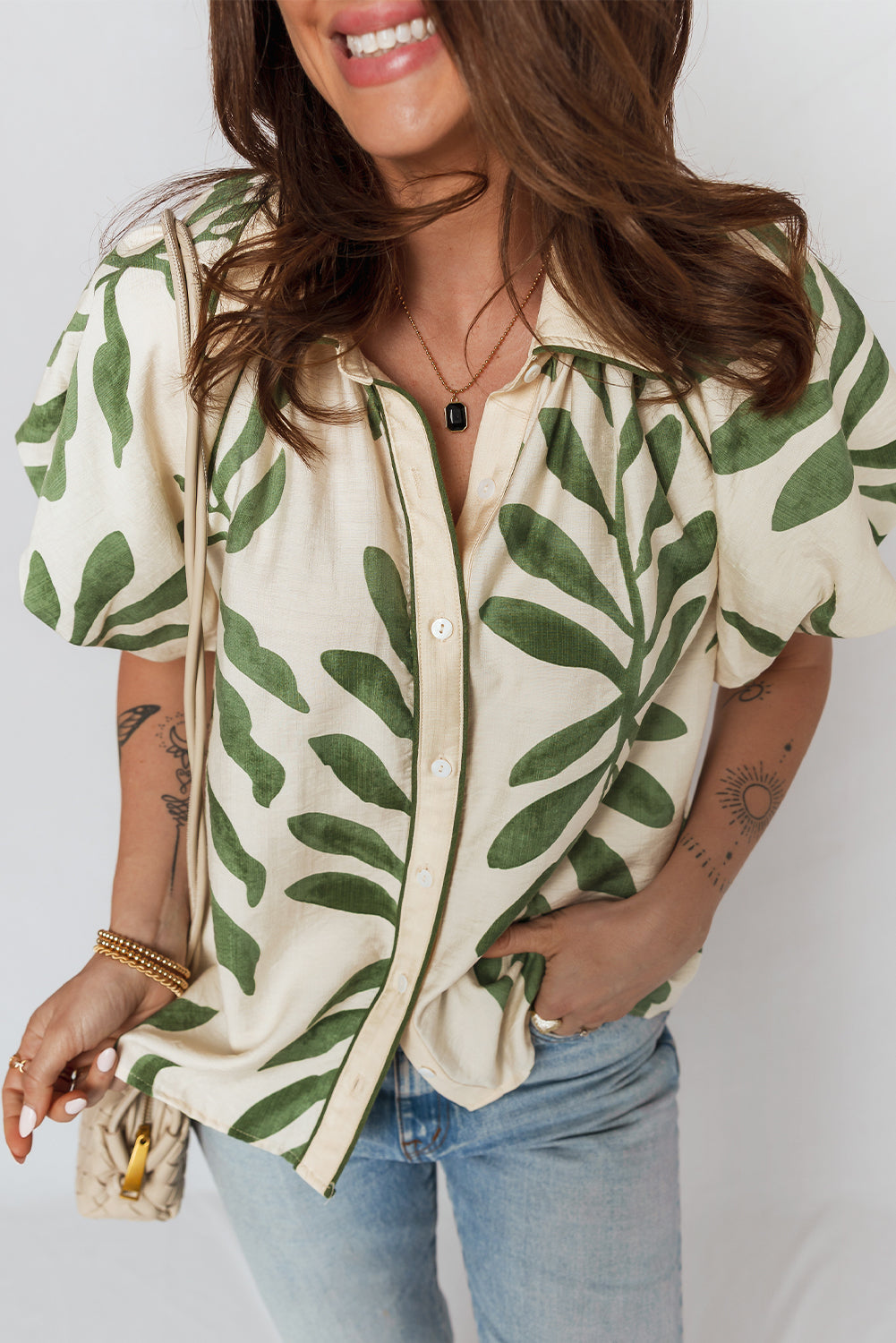 Green Leaf Print Short Balloon Sleeve Shirt