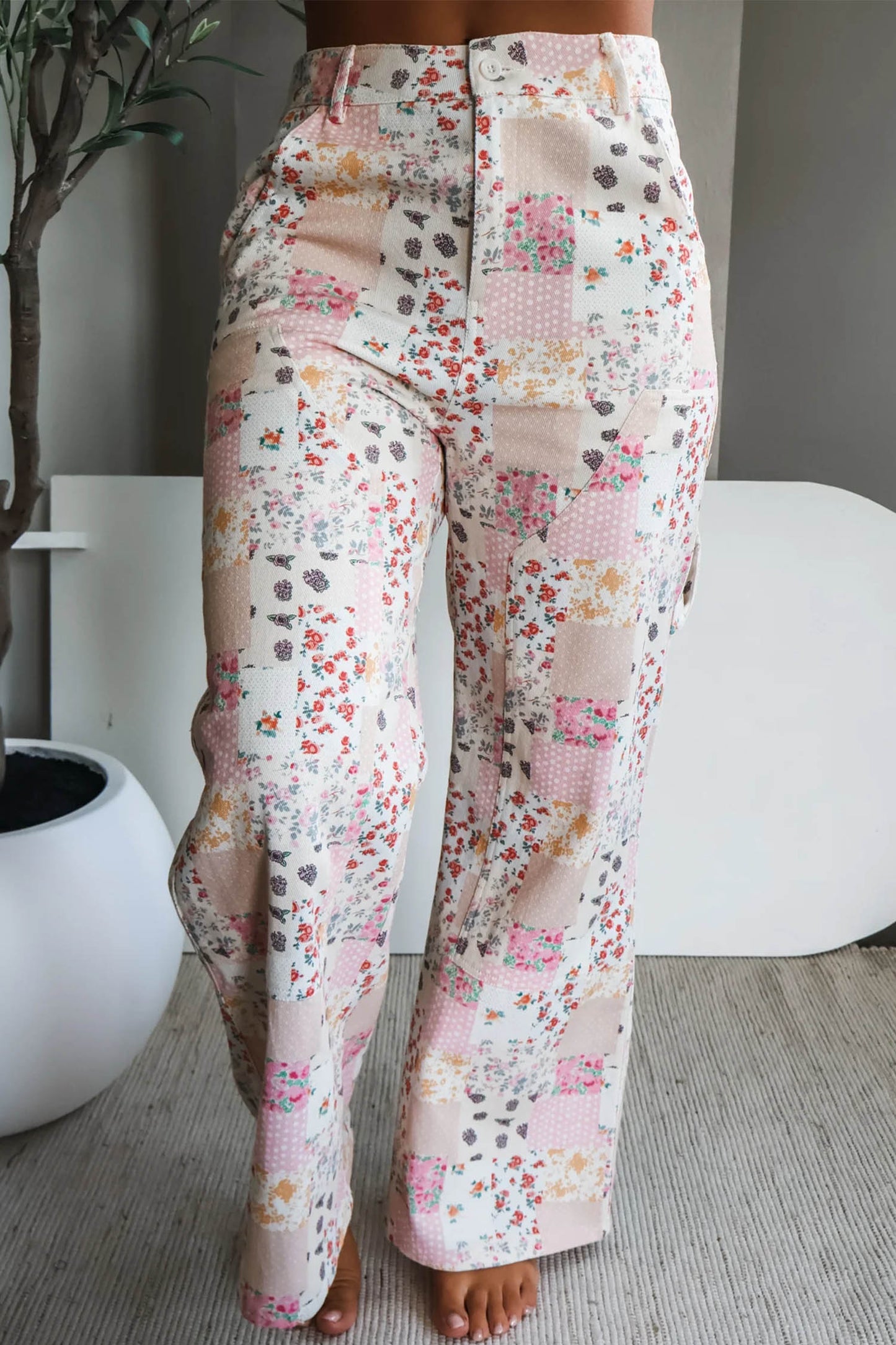 Pink Floral Patchwork Wide Leg Full Length Jeans