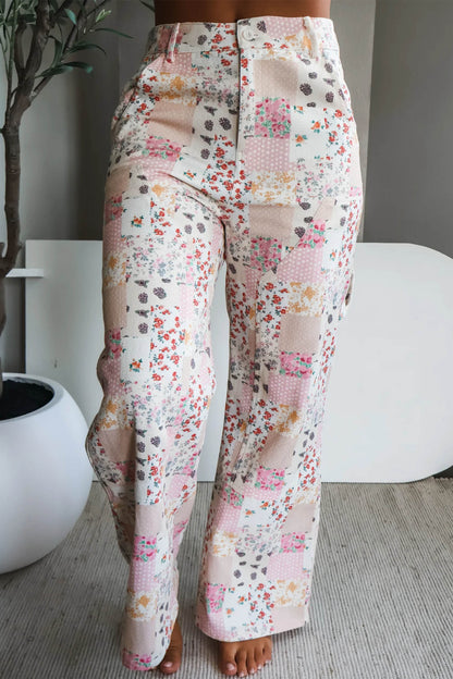 Pink Floral Patchwork Wide Leg Full Length Jeans