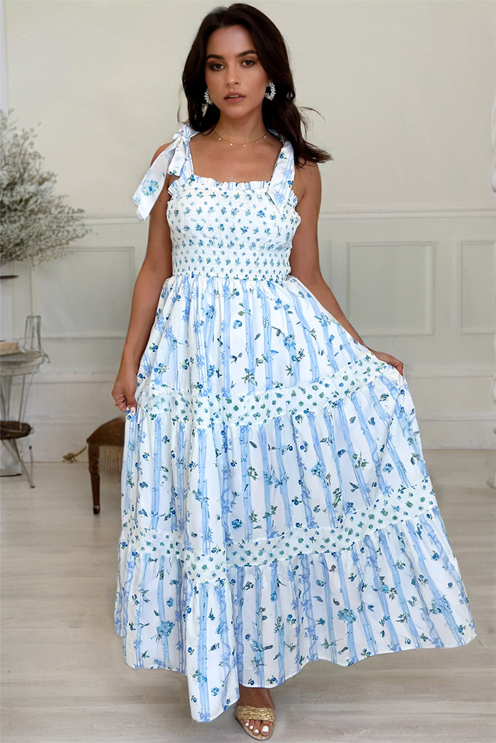 Sky Blue Floral Smocked Tied Straps A-Lined Tiered Maxi Dress