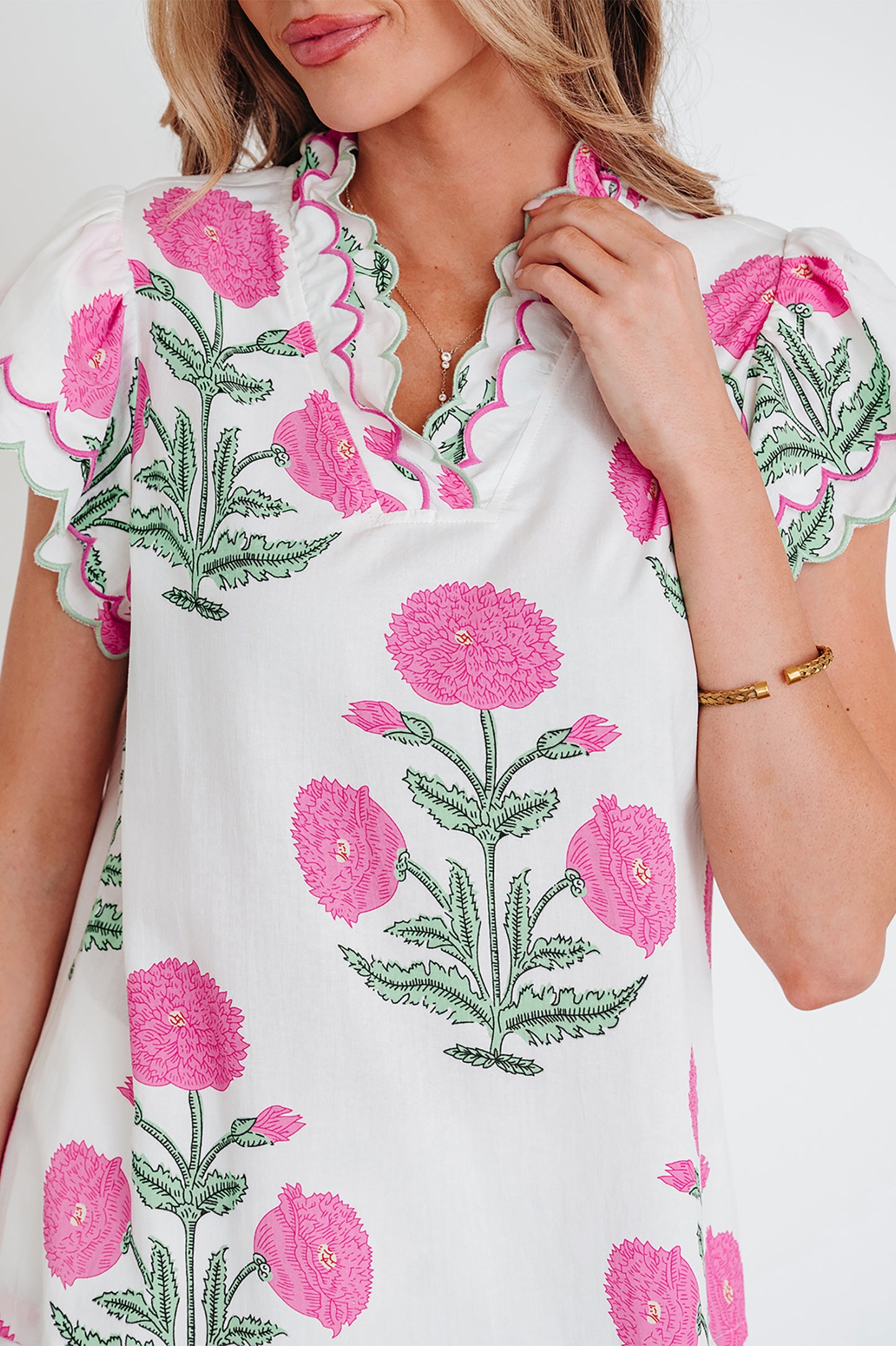 Pink Wild Flower Print Contrast Trim Scallop Detail Short Sleeve Blouse