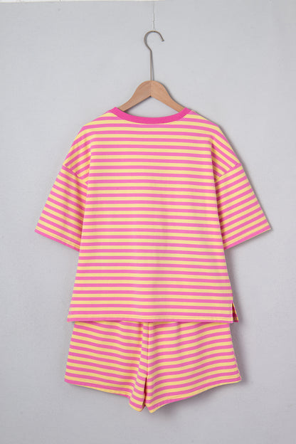 Yellow Stripe Drop Shoulder Boxy Casual Terry Short Set