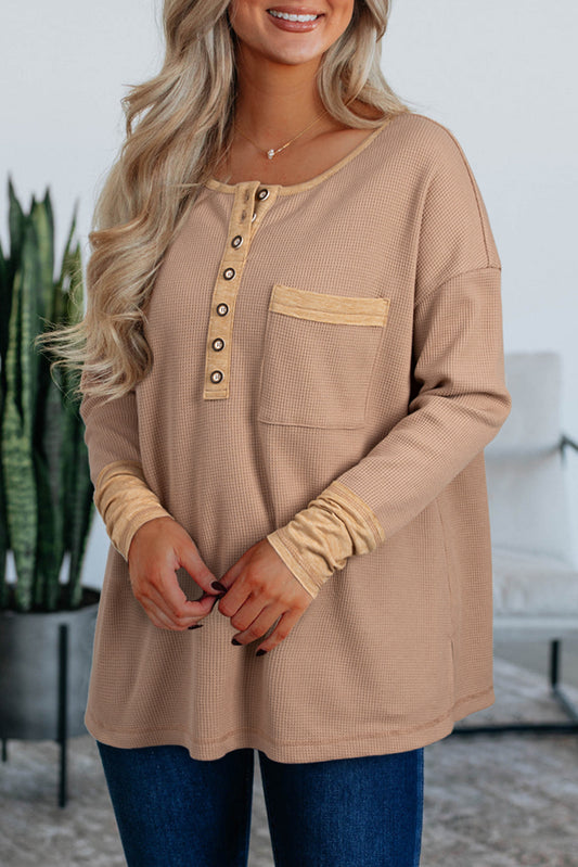 Dark Khaki Color Block Waffle Textured Tunic Henley Top with Slits
