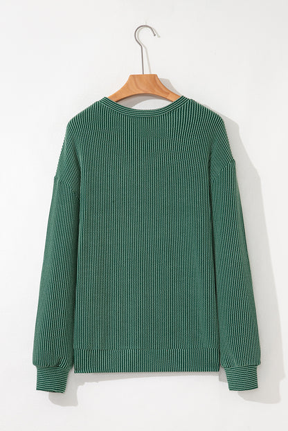 Evergreen Twisted Rib Outlined Merry Letter Graphic Loose Long Sleeve Top