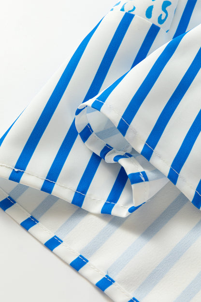 Sky Blue Contrast Striped Trim Floral Shift Fit Fall Dress