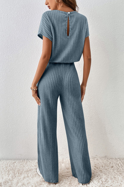 Black Ribbed Keyhole Short Sleeve Wide Leg Jumpsuit