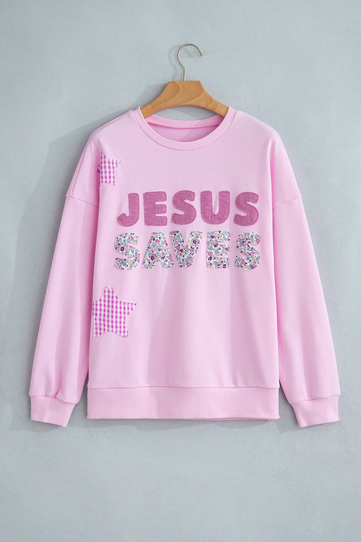 Pink JESUS SAVES Gingham Star Patchwork Detail Plus Size Sweatshirt