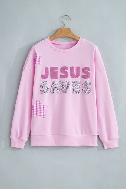 Pink JESUS SAVES Gingham Star Patchwork Detail Plus Size Sweatshirt