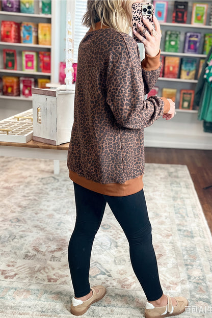 Multicolour Leopard Print High Neck Long Sleeve Ribbed Cuffs Hem Sweatshirt
