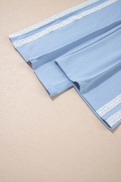 Sky Blue Lace Accent Zipped Collar Short Sleeve Top Sweatpants Set