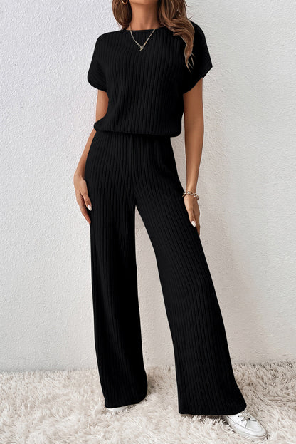 Black Ribbed Keyhole Short Sleeve Wide Leg Jumpsuit