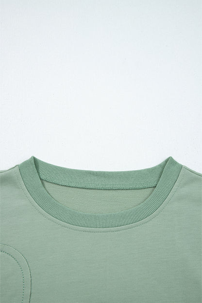 Coffee Raw Edge Flower Patch Drop Shoulder Casual Top