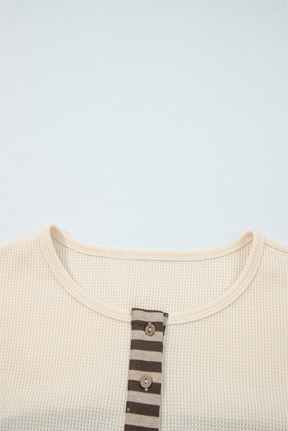 Straw Yellow Waffle Stripe Plaid Patchwork Henley Knit Top