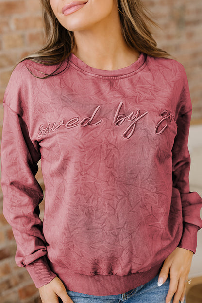Real Teal saved by grace Letter Embroidery Mineral Wash Loose Sweatshirt