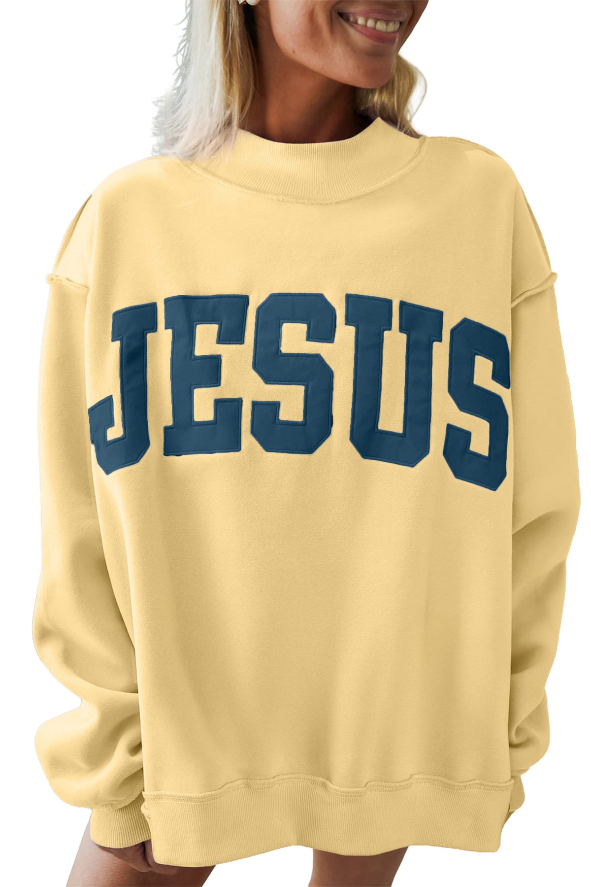 Banana Cream JESUS Letter Patch Graphic Exposed Seam Mock Neck Baggy Sweatshirt