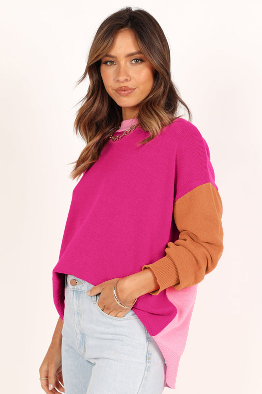 Bonbon Three Tone Contrast Round Neck Loose Sweater