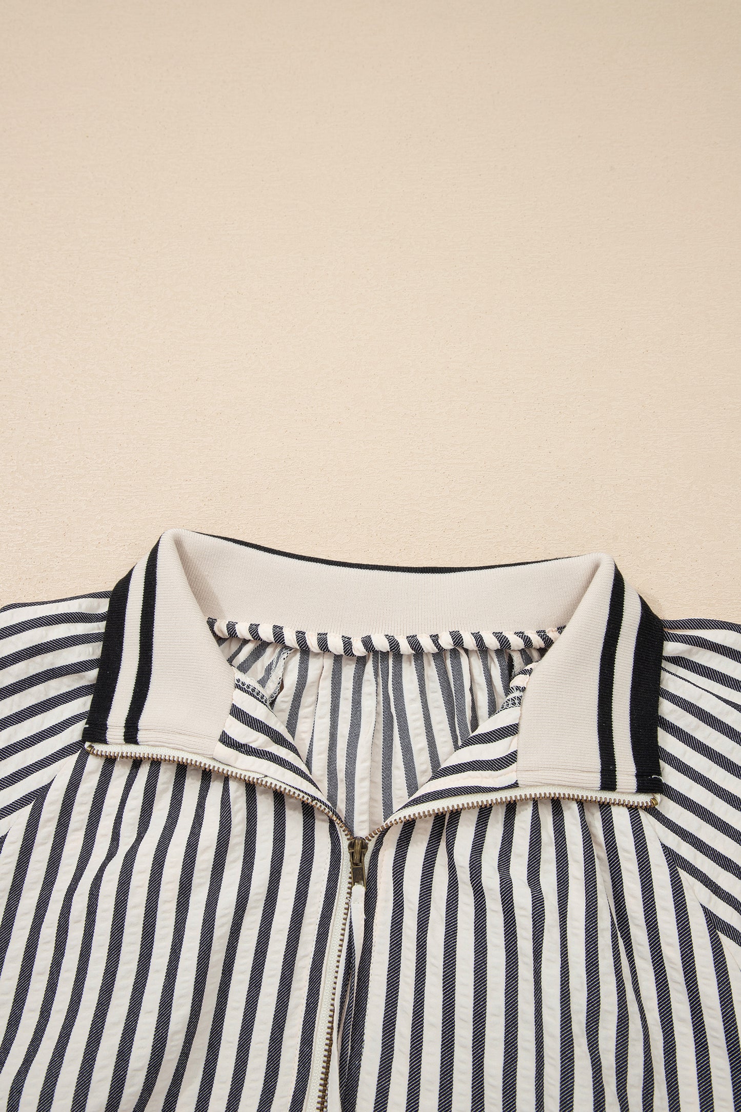 Black Stripe Polo Collar Half Zip Short Puff Sleeve Blouse