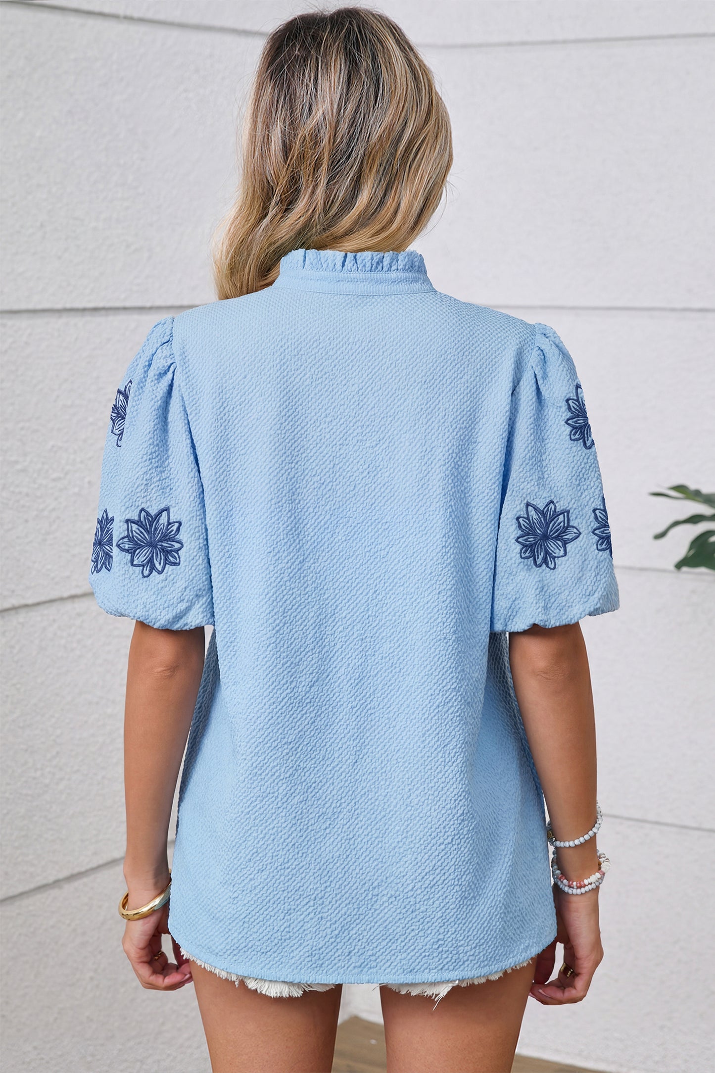 Beau Blue Flower Embroidered Puff Sleeve Split Neck Textured Blouse