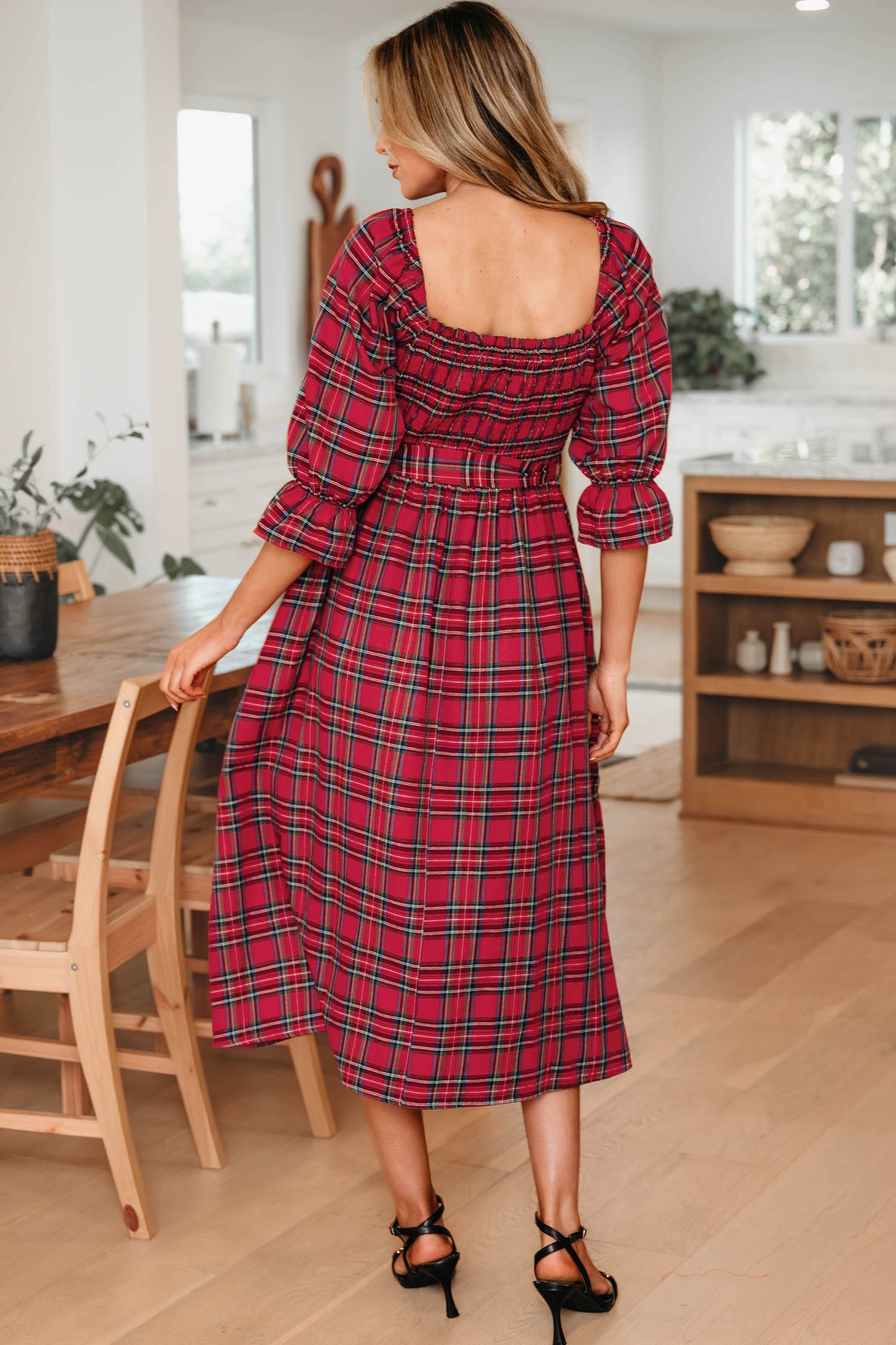 Red Tartan Plaid Square Neck Puff Sleeve Knot Waist Flared Midi Dress