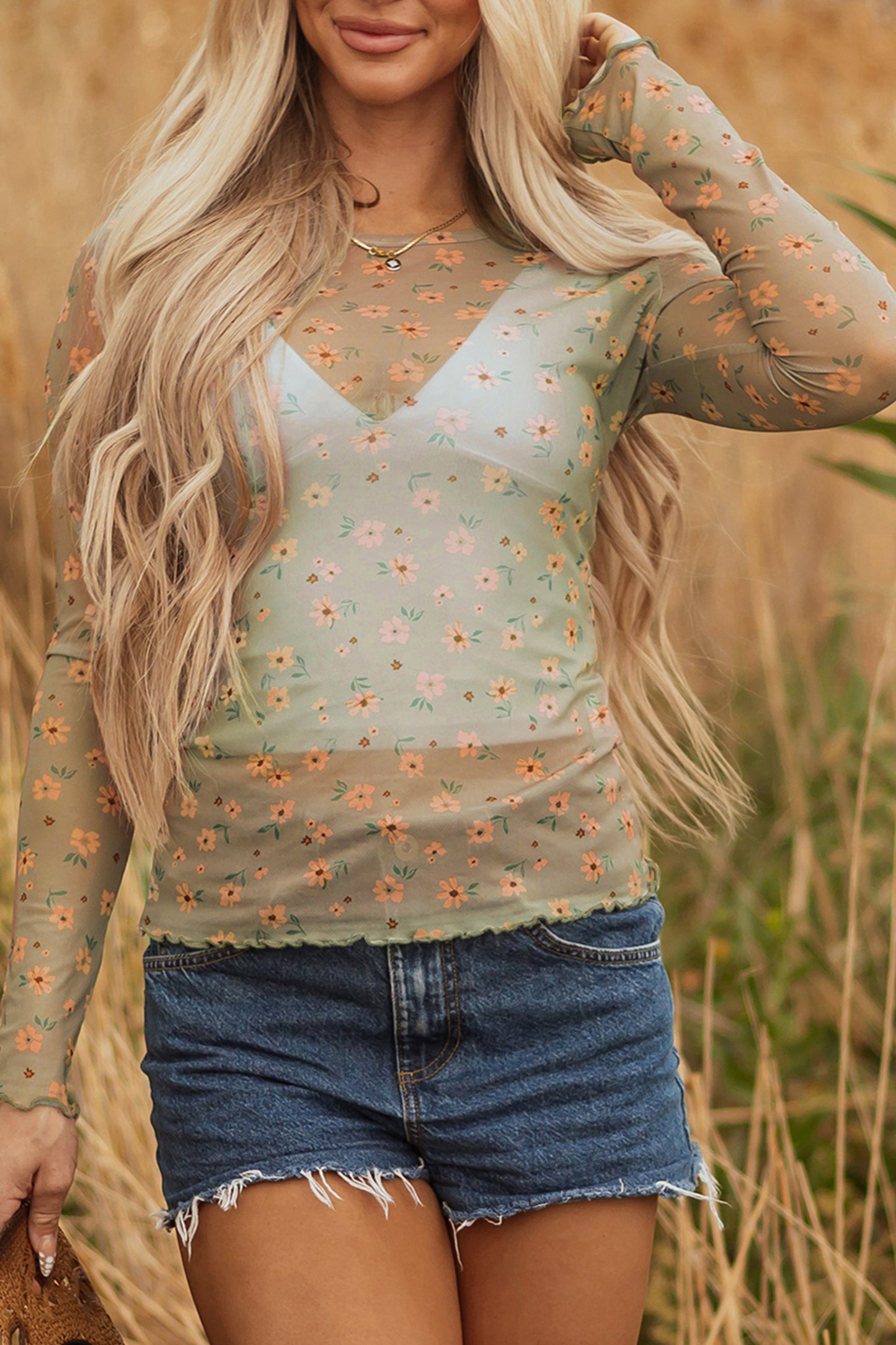 Laurel Green Vintage Floral Print Southern Style Mesh Long Sleeve Top