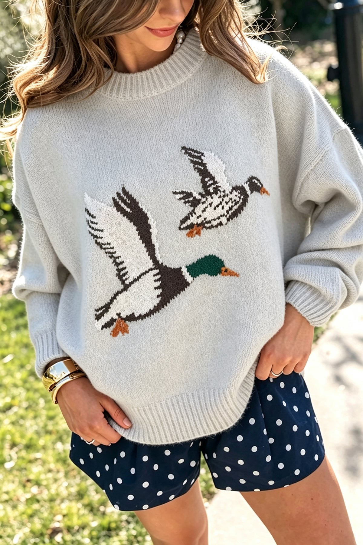 Laurel Green Flying Mallard Pattern Round Neck Drop Shoulder Knit Sweater