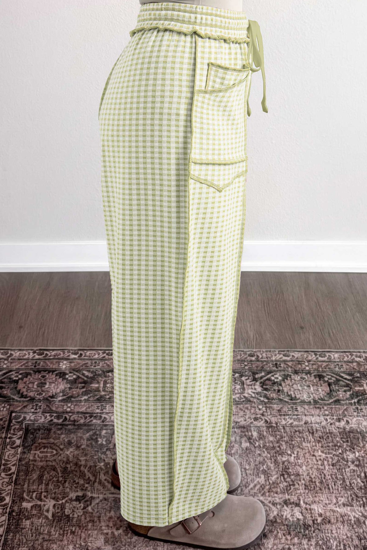 Red Plaid Contrast Trim Drawstring Elastic Waist Shift Pants