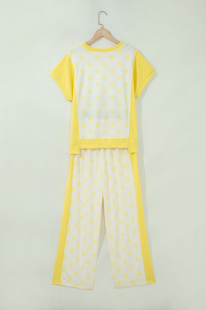 Yellow Color Block Patchwork Polka Dot Wide Leg Pant Set