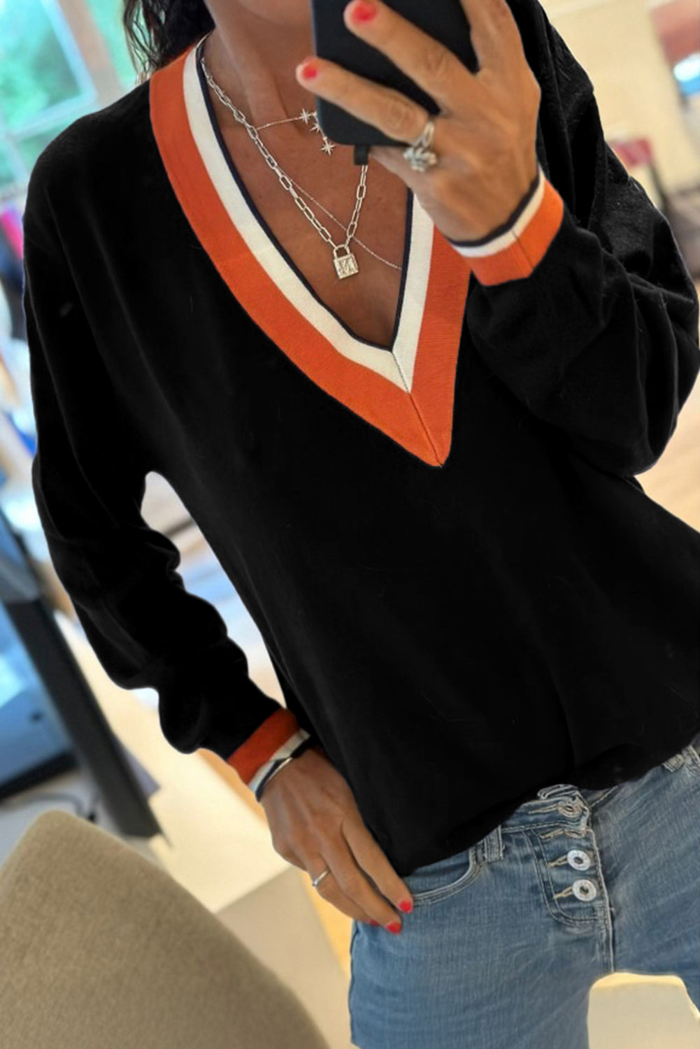Dark Khaki Contrast Striped Trim V Neck Varsity Sweater