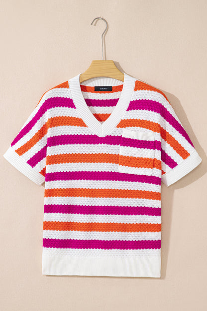 Green Stripe V Neck Short Sleeve Sweater with Side Slits