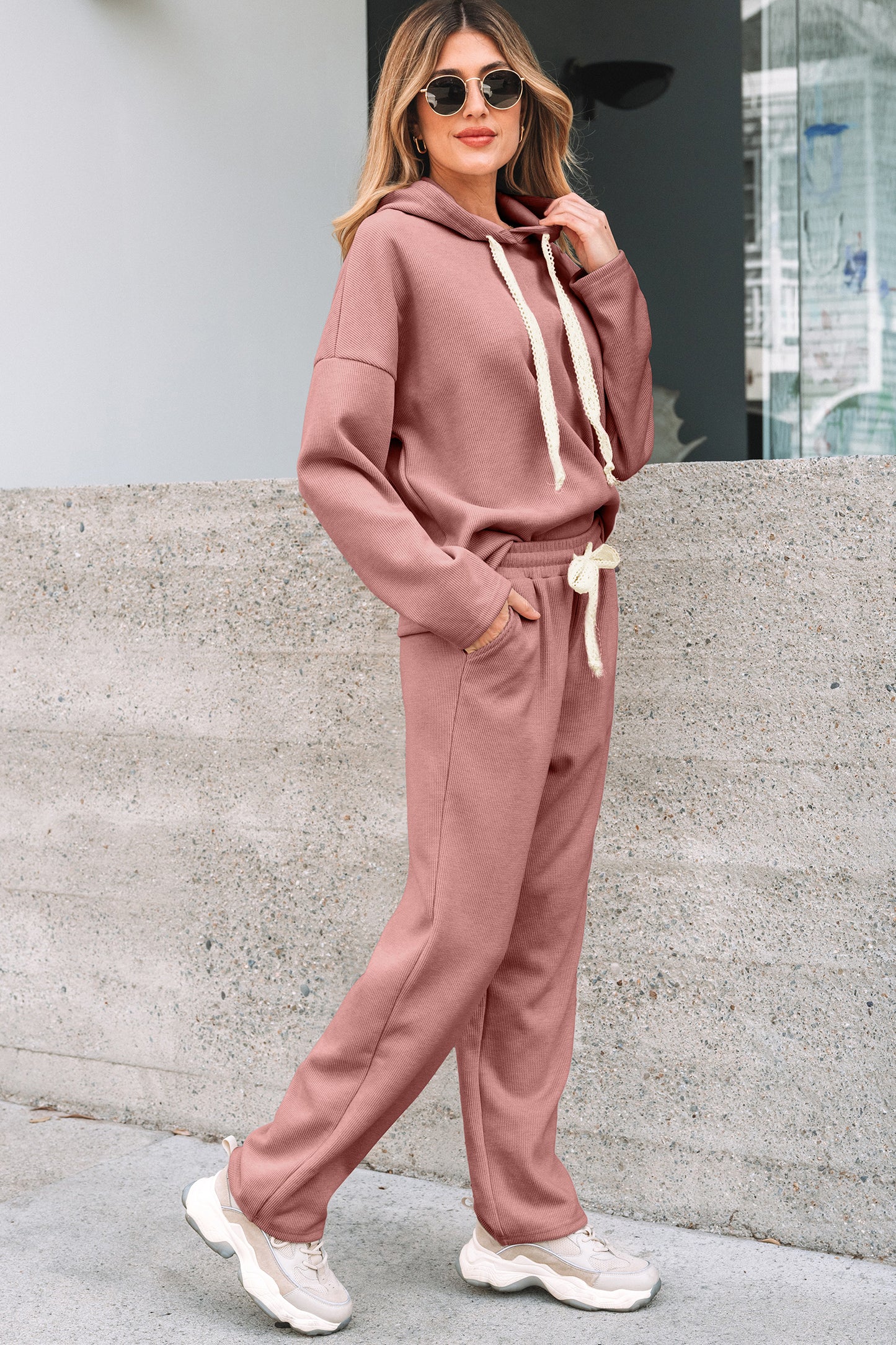 Parchment Leopard Drawstring Pullover Hoodie and High Waist Pants Corduroy Suit