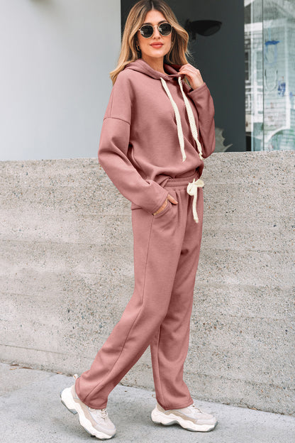 Parchment Leopard Drawstring Pullover Hoodie and High Waist Pants Corduroy Suit