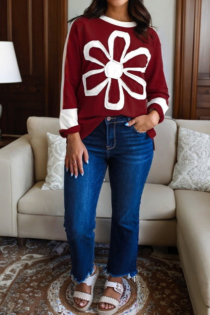 Red Dahlia Cheerful Daisy Flower Patched Round Neck Long Sleeve Top