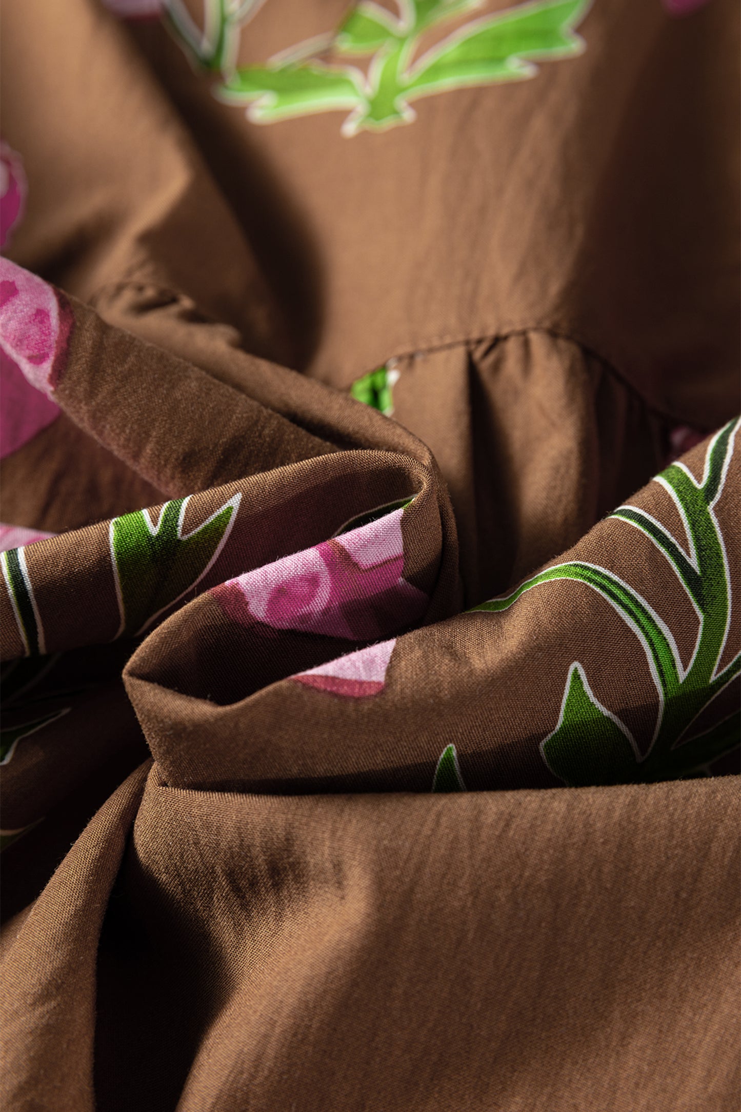 Brown Contrast Floral Print Babydoll Tunic Ruffled Hem Puff Sleeve Dress