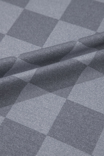 Gray Checkered V Neck Tee Drawstring Shorts Lounge Set