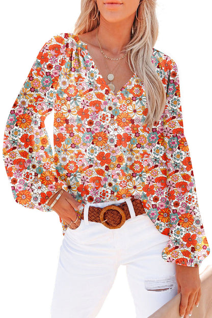 Orange Floral Print V Neck Long Puff Sleeve Top