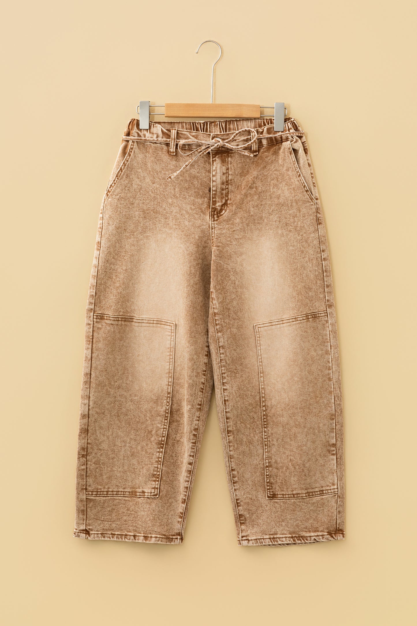 Gray Acid Wash Barrel Fit Denim Pants with Waist String