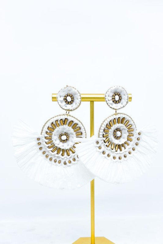 Raffia Fringe Sequin Flower Disc Drop Earrings - OBX Prep