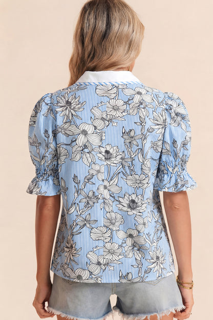 Sky Blue Floral Striped Printed Polo Collar Short Sleeve Blouse