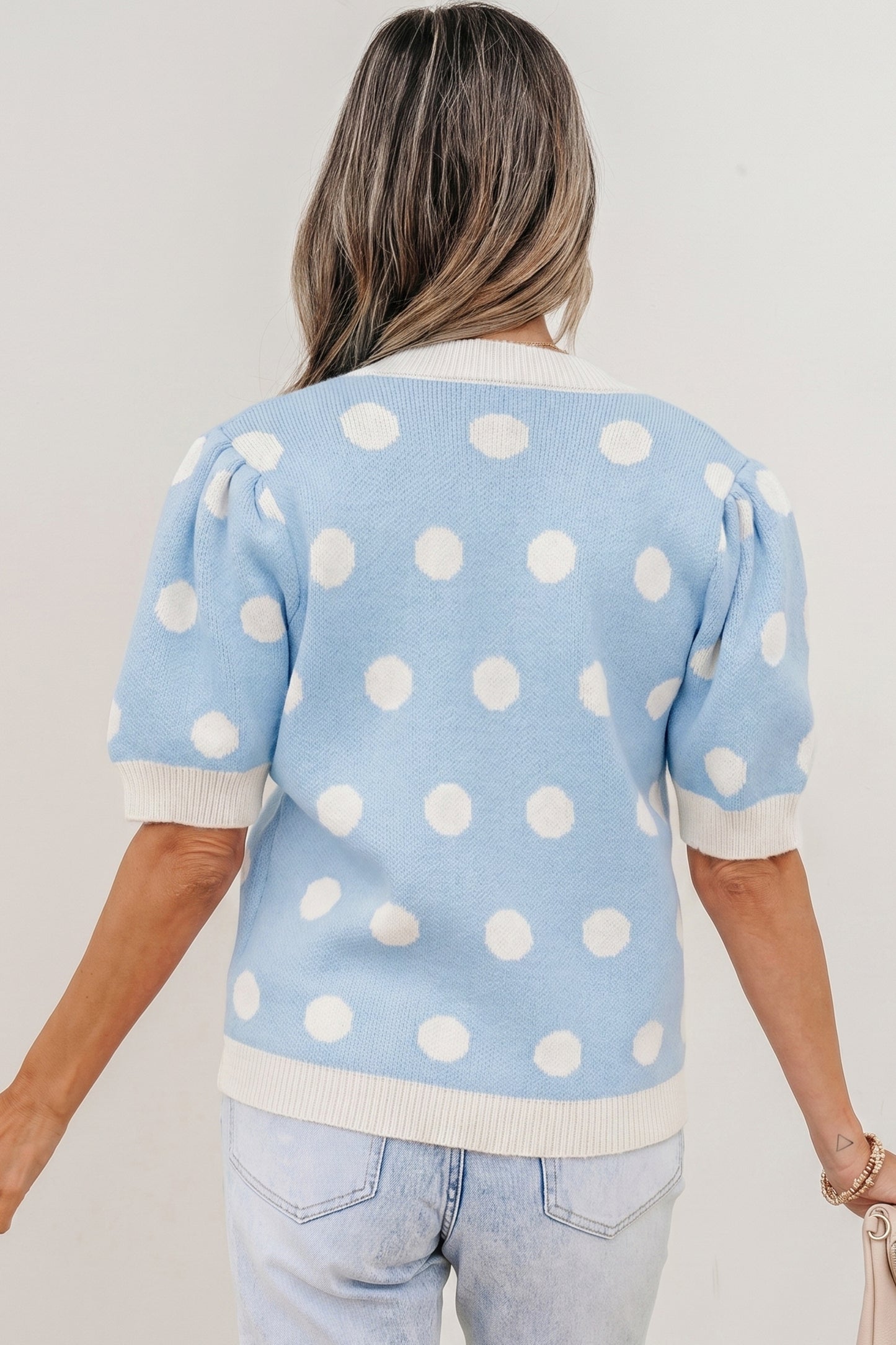 Rose Red Polka Dot Puff Short Sleeve Sweater Top