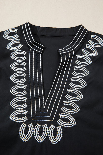Black Short Puff Sleeve Contrast Embroidered Detail V Neck Blouse