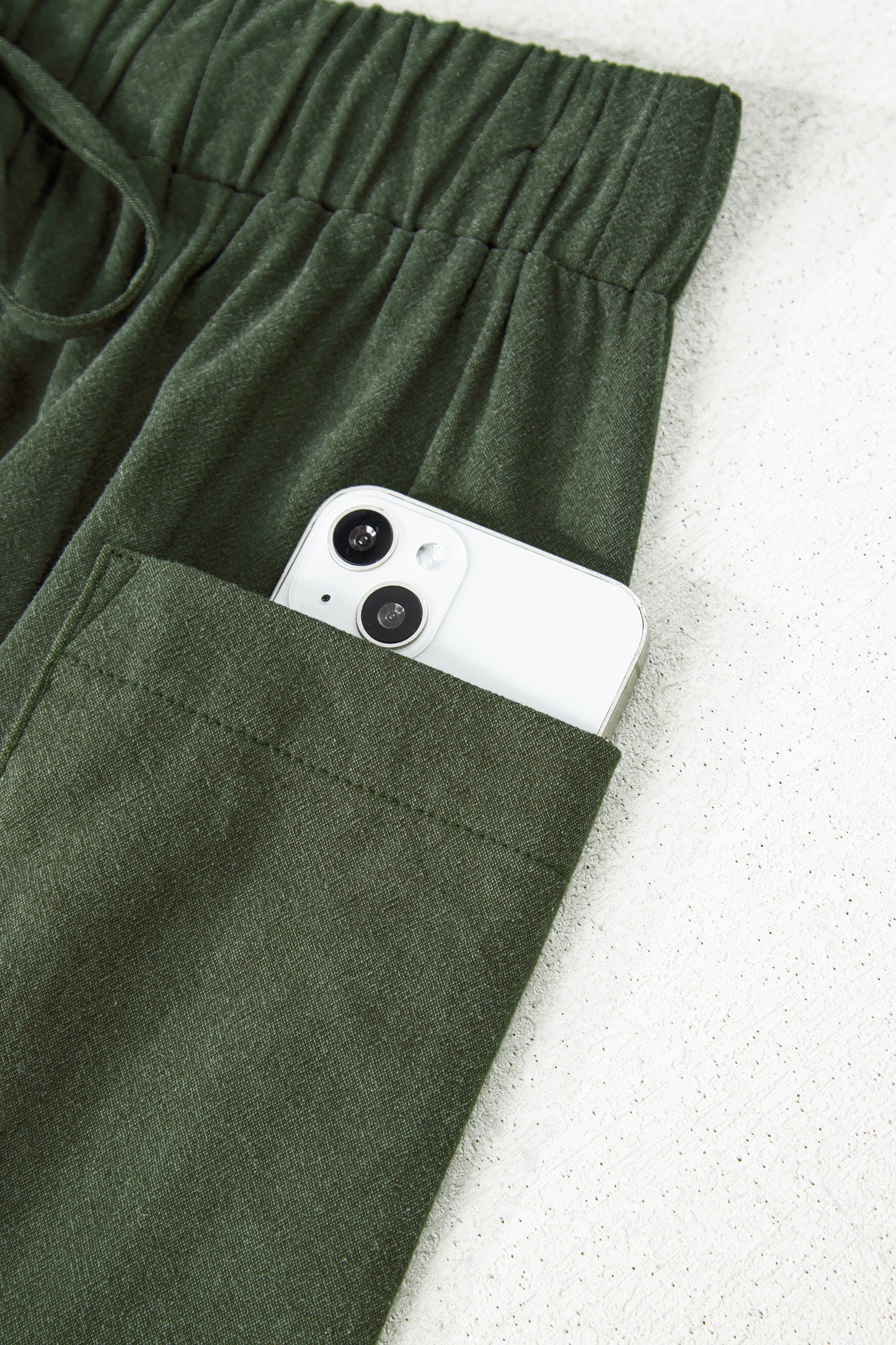 Jungle Green Drawstring Elastic Waist Patch Pocket Barrel Leg Casual Pants