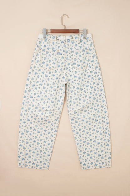 Beige Grommet Knot Waist Floral Barrel Leg Jeans
