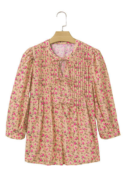 Light French Beige Floral Print Bow Pintuck Bust Half Puff Sleeve Blouse Top